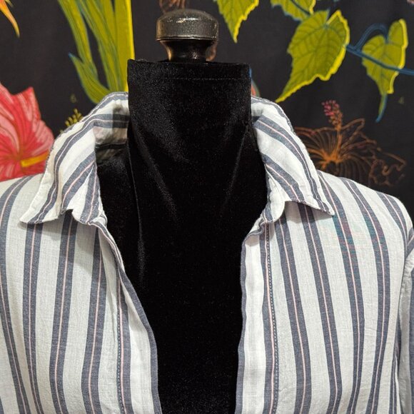 H&M V-Neck 100% Cotton Woven Striped Tunic Shirt, White & Blue with Pink, 12 - Picture 11 of 15